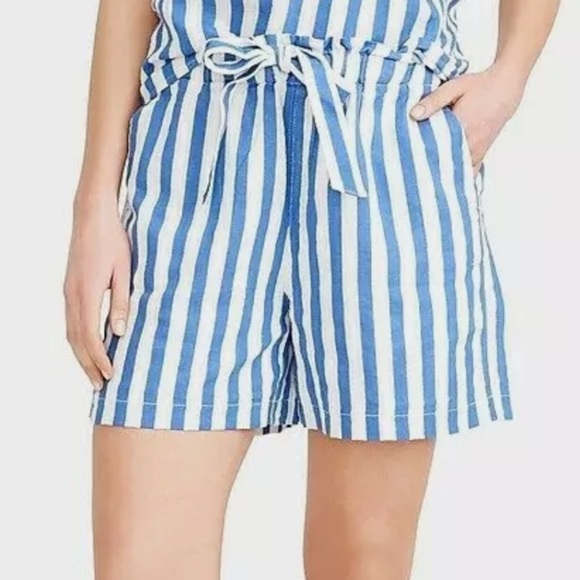 J. Crew blue white stripe high waisted linen blend shorts